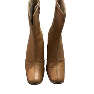 GLAZE Tan Leather Square Toe Block Heel Ankle Boots Womens Size 6.5 M